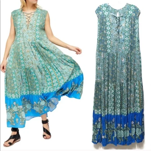 FREE PEOPLE Blue Boho Floral Print Crinkle Maxi Dress Teal Hanalei Bay - Picture 5 of 16